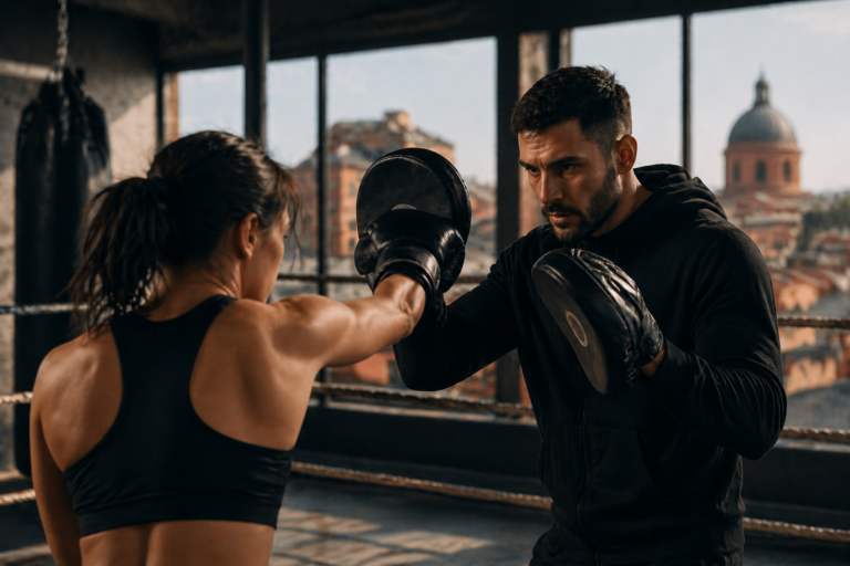 Séance de coaching boxe personnalisé avec coach tenant des pattes d’ours face à une femme en entraînement dans une salle de boxe à Toulouse