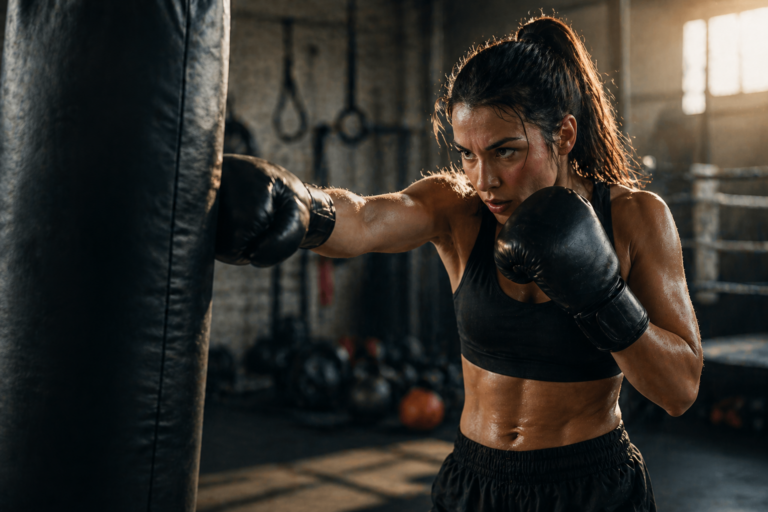 Femme en tenue de boxe frappant un sac de frappe dans une salle de sport, entraînement intensif de boxing pour perte de poids et renforcement musculaire.