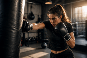 Femme s’entraînant à la boxe sur un sac de frappe dans une salle de sport, en position de frappe avec des gants noirs.