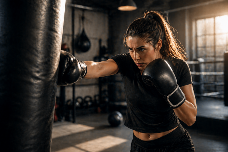 Femme s’entraînant à la boxe sur un sac de frappe dans une salle de sport, en position de frappe avec des gants noirs.